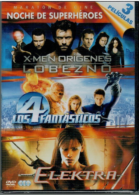 Noche de Superhéores : X-Men Lobezno/ Los 4 Fantasticos/ Elektra (3 DVD Nuevo)